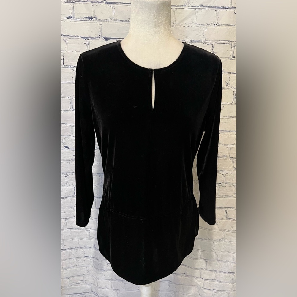 Lauren Ralph Lauren Black, Long Sleeve Velvet Velour Front Keyhole Blouse Medium